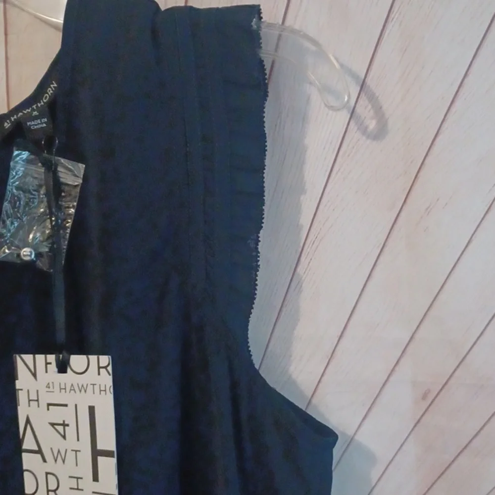 41 Hawthorne Navy Blue Blouse Ruffle Sheer Trim - Picture 3 of 4